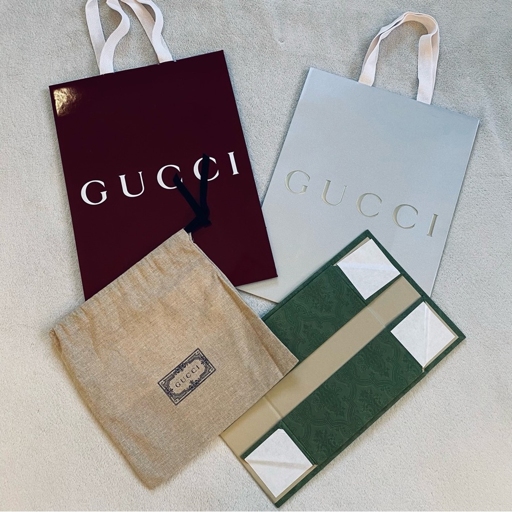 Gucci packaging: two paper shopping bags, muslin sac, green brocade gift box